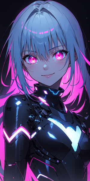 1girl, glowing advanced eyes, ultra-advanced tecnology, arrogant, glow_in_the_dark, glowing clothes, neon eyes,Neon Light, smile,r1ge,phyami