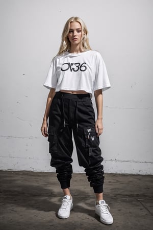 1girl, young white girl, hot top model, long blonde hair, wearing a white oversize t shirt (t shirt only white color) and Acronym J36-S black pants and Acronym P30A-DS and black and white sneakers, in city, instagram model, 80mm, (((view bellow))), urban techwear