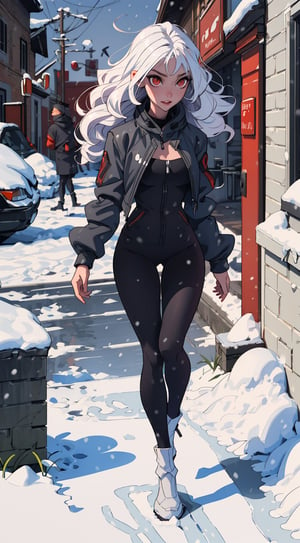 Female vampire, ((age 27)), red eyes, (detail eyes), pale_skin, white_hair, ((long_curly_hair)), night, walking through city ruins, (best shadow, best gray shader, ultra detailed, ultra resolution), falling_snow, surfaces covered in snow, perfect finger, full_body