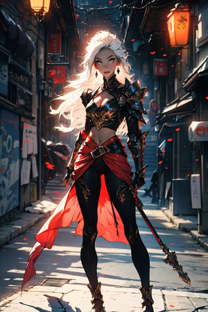 ((Masterpiece, best quality, ultra-detailed)), (detailed background), (pretty face), One female vampire, beautiful sun light shining down on her, bright yellow eyes, light peach color skin, white_hair, straight_hair, hair passing waist, armor shoulder plates, chest armor plates slightly revealing cleavage, legs armor plates slightly revealing legs, one magical staff, ((full body stance)), depth of view, (best shadow, best gray shader, ultra detailed), (detailed background), (beautiful detailed face, beautiful detailed eyes), High contrast, (best illumination, an extremely delicate and beautiful)