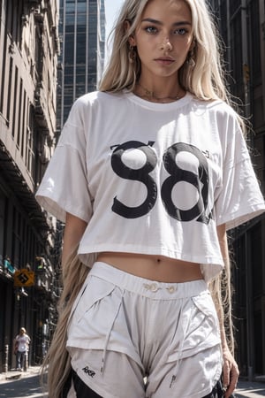 1girl, young white girl, hot top model, long blonde hair, wearing a white long oversize t shirt (t shirt only white color) and Acronym J36-S black pants and Acronym P30A-DS and black and white sneakers, in city, instagram model, 80mm,urban techwear,blurry_light_background,tattoo,nipple piercing,girl