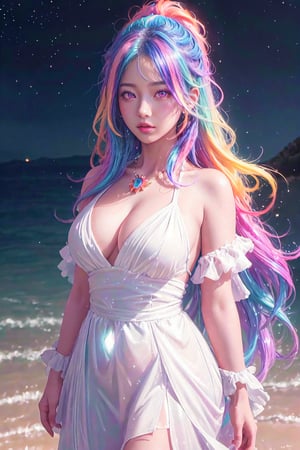 ((masterpiece, best quality, highres:1.2)) centered, close up, 1girl, young, multicolored hair, colorful hair, flowing hair, long hair, glossy lips, glowing multicolored eyes, looking at the camera, dual tone light source, colorful set, back light, body up, make up, glow sparkle, light summer dress, white dress, fire drops in skin, wet skin, plump lips, dinamic pose, dinamic angle, big reflective eyes, strong wind,1 page manga,Realism,venusbody,triangle black hole,colorful_girl_v2