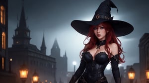 Create a beautiful german woman in sexy witch costume.witch hat , red long hair , beautiful blue eyes, age 30, background of helloween in city at night.,photo r3al,aw0k euphoric style,detailmaster2,DonMn1ghtm4reXL,DarkTheme