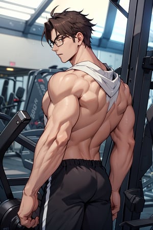 1teen anime, young guy, half glasses, Medium muscles in a gym, working out, Sci-Fi, Bodybuilding, inspired by Kim Eung-hwan, skinny, backwards, With your eyes looked back, medium muscles, big strong shoulders, inspired by Yeong-Hao Han, Super buff and cool, skinny,seamus_celeryman,welt yang