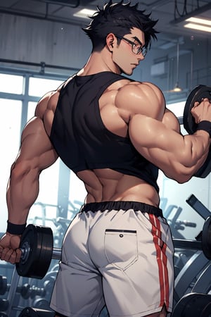 1teen anime, young guy, half glasses, Medium muscles in a gym, working out, Sci-Fi, Bodybuilding, inspired by Kim Eung-hwan, skinny, backwards, With your eyes looked back, medium muscles, big strong shoulders, inspired by Yeong-Hao Han, Super buff and cool, skinny,seamus_celeryman,welt yang,yukio_okumura