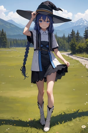 Ahoge, top quality, high resolution, extremely detailed, detailed background, best quality, (masterpiece), detailed, 1girl, alone, full body, light smile, twin braids, very long hair, blue hair, blue eyes, with look sleepy, white dress, neckband, black ribbon, black skirt, wearing white boots, witch hat, black hat, standing, looking at viewer, outdoors, grass, tree, mountain, lifting her skirt with her hands and showing white underwear