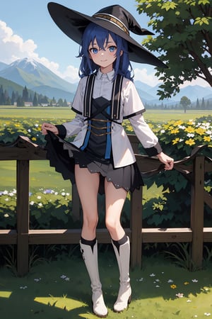 Ahoge, top quality, high resolution, extremely detailed, detailed background, best quality, (masterpiece), detailed, 1girl, alone, full body, light smile, twin braids, very long hair, blue hair, blue eyes, with look sleepy, white dress, neckband, black ribbon, black skirt, wearing white boots, witch hat, black hat, standing, looking at viewer, outdoors, grass, tree, mountain, lifting her skirt with her hands and showing white underwear