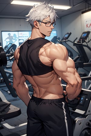 1teen anime, young guy, half glasses, Medium muscles in a gym, working out, Sci-Fi, Bodybuilding, inspired by Kim Eung-hwan, skinny, backwards, With your eyes looked back, medium muscles, big strong shoulders, inspired by Yeong-Hao Han, Super buff and cool, skinny,seamus_celeryman,welt yang,yukio_okumura