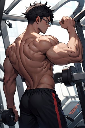 1teen anime, young guy, half glasses, Medium muscles in a gym, working out, Sci-Fi, Bodybuilding, inspired by Kim Eung-hwan, skinny, backwards, With your eyes looked back, medium muscles, big strong shoulders, inspired by Yeong-Hao Han, Super buff and cool, skinny,seamus_celeryman,welt yang,yukio_okumura