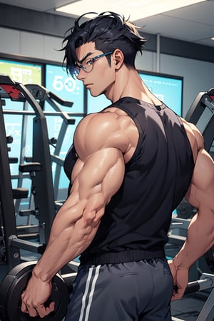 anime young guy, half glasses, Medium muscles in a gym, working out, Science-Fiction, Bodybuilding, inspired by Kim Eung-hwan, backwards, With your eyes you looked back, medium muscles, strong shoulders, inspired by Yeong-Hao Han, Super buff and cool, slim but muscular.