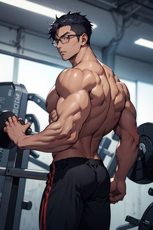 1teen anime, teenager, half glasses, Medium muscles in a gym, working out, Sci-Fi, Bodybuilding, inspired by Kim Eung-hwan, backwards, With your eyes looked back, medium muscles, big strong shoulders, inspired by Yeong-Hao Han, Super buff and cool, skinny
