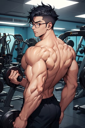 anime young guy, half glasses, Medium muscles in a gym, working out, Science-Fiction, Bodybuilding, inspired by Kim Eung-hwan, backwards, With your eyes you looked back, medium muscles, strong shoulders, inspired by Yeong-Hao Han, Super buff and cool, slim but muscular.