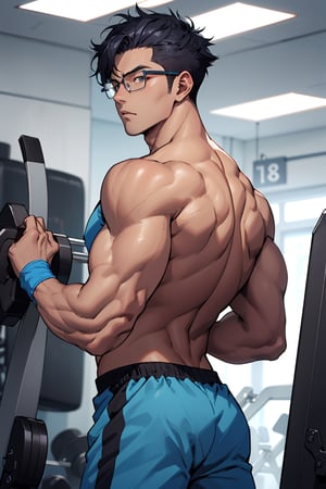 1teen anime, young guy, half glasses, Medium muscles in a gym, working out, Sci-Fi, Bodybuilding, inspired by Kim Eung-hwan, skinny, backwards, With your eyes looked back, medium muscles, big strong shoulders, inspired by Yeong-Hao Han, Super buff and cool, skinny, 