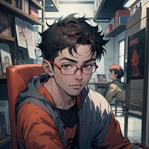 young anime boy with glasses sitting on a chair in a room, Kentaro Miura Style, with brown eyes, Hideaki Anime Year, Kentaro Miura Manga Style, Kentaro Miura Style, Anime handsome young boy, brown eyes, Kentaro Miura Manga Art Style, Kentaro Miura Art Style, Kentaro Miura!, Makoto Shinka, Anime portrait of a handsome young boy