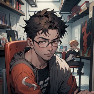 young anime boy with glasses sitting on a chair in a room, Kentaro Miura Style, with brown eyes, alone, Hideaki Anime Year, Kentaro Miura Manga Style, Kentaro Miura Style, Anime handsome young boy, brown eyes, Kentaro Miura Manga Art Style, Kentaro Miura Art Style, Kentaro Miura!, Makoto Shinka, Anime portrait of a handsome young boy