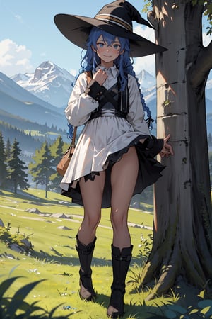 Ahoge, top quality, high resolution, extremely detailed, detailed background, best quality, (masterpiece), detailed, 1girl, alone, full body, light smile, twin braids, very long hair, blue hair, blue eyes, with look sleepy, white dress, neckband, black ribbon, black skirt, wearing white boots, witch hat, black hat, standing, looking at viewer, outdoors, grass, tree, mountain, lifting her skirt with her hands and showing white underwear, showing panties, showing panties, showing panties