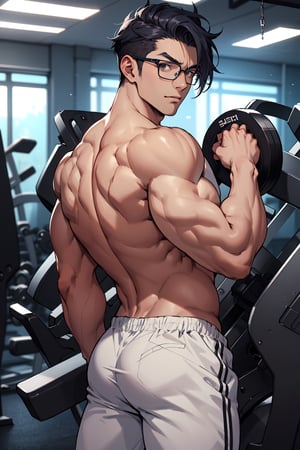 1teen anime, half glasses, Medium muscles in a gym, working out, Sci-Fi, Bodybuilding, inspired by Kim Eung-hwan, backwards, With your eyes looked back, medium muscles, big strong shoulders, inspired by Yeong-Hao Han, Super buff and cool, skinny