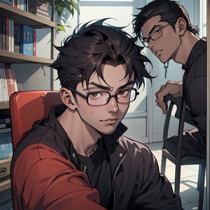young anime boy with glasses sitting on a chair in a room, Kentaro Miura Style, with brown eyes, Hideaki Anime Year, Kentaro Miura Manga Style, Kentaro Miura Style, Anime handsome young boy, brown eyes, Kentaro Miura Manga Art Style, Kentaro Miura Art Style, Kentaro Miura!, Makoto Shinka, Anime portrait of a handsome young boy