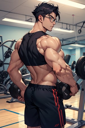 1teen anime, young guy, half glasses, Medium muscles in a gym, working out, Sci-Fi, Bodybuilding, inspired by Kim Eung-hwan, skinny, backwards, With your eyes looked back, medium muscles, big strong shoulders, inspired by Yeong-Hao Han, Super buff and cool, skinny, 