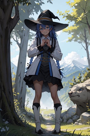 Ahoge, top quality, high resolution, extremely detailed, detailed background, best quality, (masterpiece), detailed, 1girl, alone, full body, light smile, twin braids, very long hair, blue hair, blue eyes, with look sleepy, white dress, neckband, black ribbon, black skirt, wearing white boots, witch hat, black hat, standing, looking at viewer, outdoors, grass, tree, mountain, lifting her skirt with her hands and showing white underwear