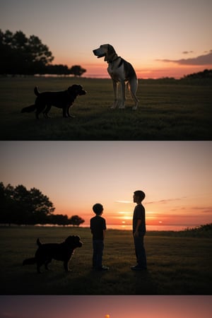 create a sunset scene. a kid standing watching the sunset. and a dog next to him . realistic . cinematic lights. bokeh