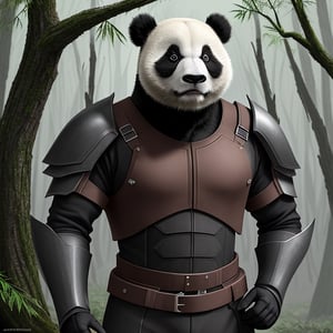 a dark forest with a panda in an armoured suit 

