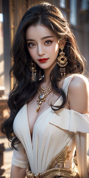 ((masterpiece)), (realistic:1), ((cowboy shot)), ((8k wallpaper, UHD)), ((dilraba dilmurat, hot and sexy, smile)), ((adorned in black, big breasts, cleavage revealed, jewelries, bangles, gold)), (red lipstick, eye liner, eye makeup, Face makeup), (long wavy hair, ponytail), ((detailed hands, detailed face)), ((beautiful illustration)), ((pure white skin tone)),egyptian