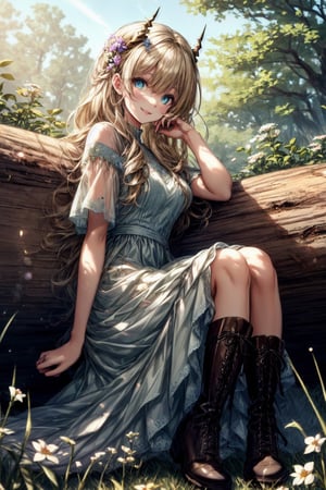 
(((masterpiece, best quality, ultra-detailed, high resolution, extremely detailed, textured skin, Detailed Light, Extremely Delicate and Beautiful, cute Detail Eyes, Depth of Field))),

In a picturesque meadow, under the golden sunlight, a short dragon girl with flowing blonde hair and mesmerizing blue eyes sits gracefully on a weathered log,

her 1 pair of transparent white crystal horns glinting with ethereal hues. A genuine smile graces her lips, radiating happiness and contentment as she basks in the serenity of nature,

She wears a brown flowing dress adorned with delicate embroidery, perfectly complemented by sturdy leather boots, embracing a harmonious blend of elegance and practicality,

 sits in a lush meadow, surrounded by a vibrant tapestry of wildflowers, their colorful blooms dancing in the gentle breeze under the azure sky,

sits with poise, her posture reflecting both grace and ease as she rests upon the log, her eyes filled with curiosity and wonder, 
Her face is aglow with a joyful radiance, her eyes sparkling with a mixture of curiosity and contentment, portraying a sense of innocence and fascination with the world around her,

looking from an acute angle, Detailedface, Detailedeyes, (((short))),Detailedface,Detailedeyes