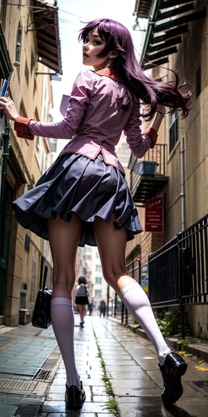 realistic, sh1, senjougahara hitagi, long hair, long sleeves, necktie, school uniform, pleated skirt, juliet sleeves, black thighhighs, pink shirt, school shoes, tall girl, holding skirt:2,  long skirt:1.2, lifting skirt:2, holding, skirt in hands, school:.1, droping School Supplies , droping scissors, droping stapler falling, droping eraser,droping Ruler, droping Pencil, droping Pencil, droping sharpener, droping Clipboard, droping Pen, back to viewer, standing, 