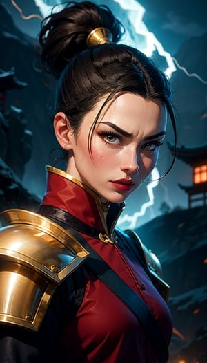 azula, 1 girl, blue fire:1.2, natural light, realistic, lipstick, makeup, ponytail, topknot, blue lighting, metallic shoulder pad, samurai,r1ge, blue, shoulder armor, kung fu pose, electric lightning