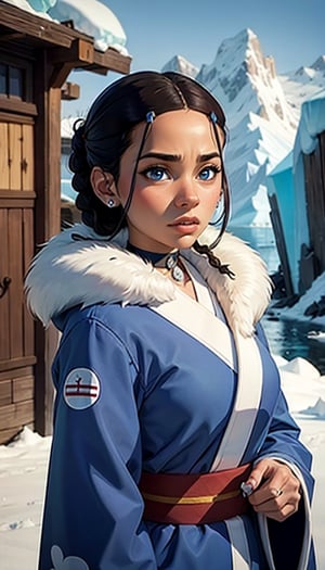 katara, 1 girl,brown skin, brown-skinned female, blue eyes, braid, choker, cold, ice, snow,furry jacket, full blue coat, iceberg, eskimo, kimono