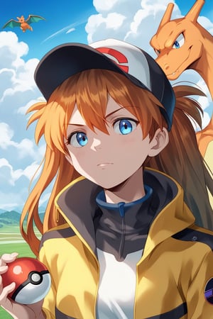 source_anime, score_9, score_6_up, score_5_up, charizard and asuka_langley, pokemon, evangelion,  pokeball, dynamic, pokemon and trainer, pokémon_trainer, portrait, ddk, aax, poster, anime, thick line, jacket, snaphat, clouds, field, 
