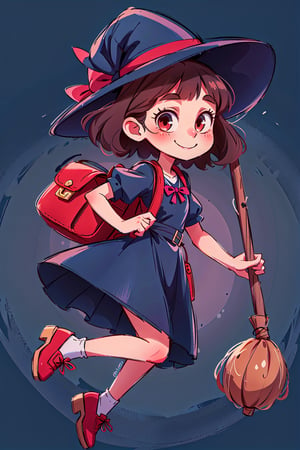 1 girl, witch flying on a broom, long black dress, blue light, red shoes, red ribbon, short brown hair, smile, big side bag, kiki