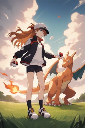 source_anime, score_9, score_6_up, score_5_up, charizard and asuka_langley, pokemon, evangelion,  pokeball in hand, , dynamic, pokemon and trainer, jacket, snaphat, clouds, field, 
