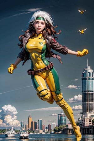 1girl,long hair,curlu hair, red and white hair, breasts, green eyes,lipstick,makeup,lips,white hair,two-tone hair,black headband,
yellow bodysuit,jacket,green jacket, gloves,belt,yellow gloves,green bodysuit, bodysuit, multicolored bodysuit,superhero, skin tight,multicolored clothes, rogue, long boots, 80s look, heels,  happy, floating debris,  natual light, realistic:1.4, floating in the hair, blue sky, 
skyscraper, floating, flying, portrait, 
