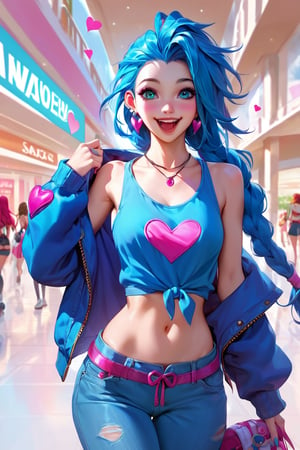 source_anime, score_9, score_8_up, score_7_up,  1girl, jinx (league of legends), snickers, harem pants,  tank shirt denim jacket, tied blouse, mall, shoping, happy, runing, aax, carring bags, seraphine, pink, heart