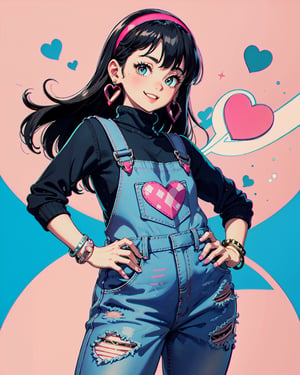abby, 1girl, solo,  long hair, bangs,  black hair, jewelry, standing, heart, hairband, earrings, bracelet, sweater, turtleneck, overalls, pink hairband, big brest, crossed legs, party, blue sky, happy, curvy_hips, big smile, model, ,Retro, 2d, flat color, anime style, 1990s_(style), portrait, 