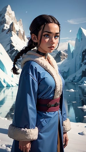 katara, 1 girl,brown skin, brown-skinned female, blue eyes, braid, choker, cold, ice, snow,furry jacket, full blue coat, iceberg, eskimo, kimono, fog