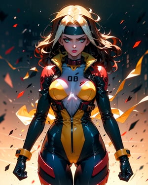 1girl,long hair,breasts,brown hair,green eyes,lipstick,makeup,lips,white hair,two-tone hair,headband,
yellow bodysuit,jacket,gloves,belt,yellow gloves,green bodysuit, bodysuit, multicolored bodysuit,superhero, skin tight,multicolored clothes, rogue,
two-tone hair, brown hair, white hair, makeup, lipstick, hair between eyes, breasts, grey eyes, purple lips, eyeshadow, nose, medium breasts, split-color_hair, lips, pale skin, toned, narrow waist, curvy, collarbone,spiked collar, collar, black gloves, ,CARTOON_rogue_greentop_ownwaifu, www.ownwaifu.com,   two-tone hair, see-through, eva suit, evangelion, plug suit,souryuuasukalangley, serious face, curly hair, mesy hair, ,r1ge