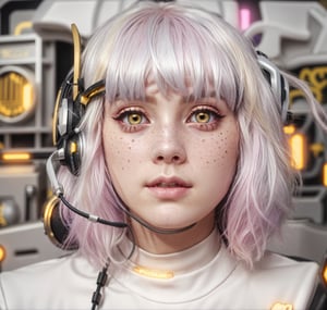 pastel color hair, golden gamer headphones, silver gamer microphone, messy hair, white eyes, pale skin, freckles:.001.starship, black background, serious,black eyeshadow, closed_mouth 