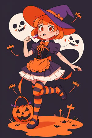 masterpiece, best quality, 1girl, flowers, ((flat color)), lineart, abstract, 1girl, solo, short hair, thighhighs, hat, dress, bow, standing, full body, short sleeves, frills, food, shoes, striped, puffy sleeves, orange hair, apron, puffy short sleeves, hands up, profile, witch hat, leg up, standing on one leg, candy, waist apron, corset, mary janes, halloween, ghost, lollipop, jack-o'-lantern, basket, halloween costume, pumpkin, orange dress, orange headwear, halloween bucket, orange thighhighs,
