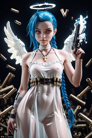 score_9, score_8_up, score_7_up, jinx , portrait, realistic, leotard, jewerly, chains, medium breast, ddk, bfg, aura, angel wings, bazoka, guns, bullets, white dress, transparent clothes, particlues, light, volumetric, photo,cinematic, 