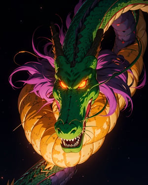 wyrm,shenlong, oriental dragon, night, glowing eyes, shiny, galaxy, stars, night sky, sharps theet, long whiskers, purple hair, floating debris, looking_at_viewer, asymetric, very long snake, intrincate details, realistic, ,r1ge, close up, 