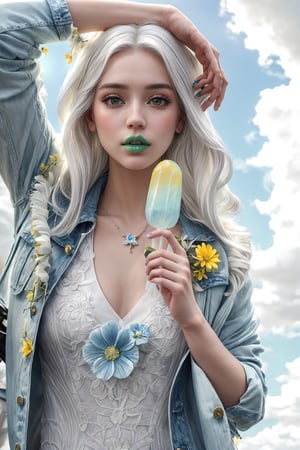 realistic, masterpiece, 4k quality, details, white hair, loose dress, white dress, blue denim jacket, blue jacket, ice lolipop,  green lips:1.2, yellow flowers, black eyes:1.2, perfect hands, silver jewerly, bright, summer, blue sky, natural light,