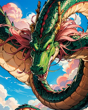 wyrm,shenlong, oriental dragon, day, beautifull eyes, golden, suny day, friendly, long whiskers, pink hair, floating debris, looking_at_viewer, asymetric, very long snake, intrincate details, realistic, close up, make up, blue sky, clouds, 