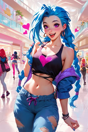 source_anime, score_9, score_8_up, score_7_up,  1girl, jinx (league of legends),  harem pants,  tank shirt denim jacket, tied blouse, mall, shoping, happy, runing, aax, carring bags, seraphine, pink, heart, ripped clothes, 