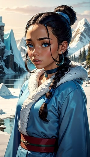 katara, 1 girl,brown skin, brown-skinned female, blue eyes, braid, choker, cold, ice, snow,furry jacket, full blue coat, iceberg, eskimo, kimono, fog