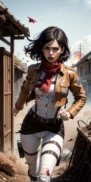 hmmikasa, (short hair, black eyes, scarf, emblem, belt, thigh strap, red scarf, white pants, , long sleeves:1.5) (brown jacket,running, dust, floatying debris,  bleeding, scratch, dirty, torn clothes, torn jacket:1.8), big eyes, crying, natural light, sunset, leather, medieval houses, ruins:1.5, fire:.4,angry