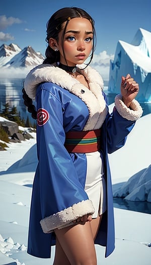 katara, 1 girl,brown skin, brown-skinned female, blue eyes, braid, choker, cold, ice, snow,furry jacket, full blue coat, iceberg, eskimo, kimono, fog