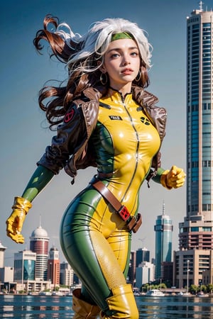 1girl,long hair,curlu hair, red and white hair, breasts, green eyes,lipstick,makeup,lips,white hair,two-tone hair,black headband,
yellow bodysuit,jacket,green jacket, gloves,belt,yellow gloves,green bodysuit, bodysuit, multicolored bodysuit,superhero, skin tight,multicolored clothes, rogue, long boots, 80s look, heels,  happy, floating debris,  natual light, realistic:1.4, floating in the hair, blue sky, 
skyscraper

